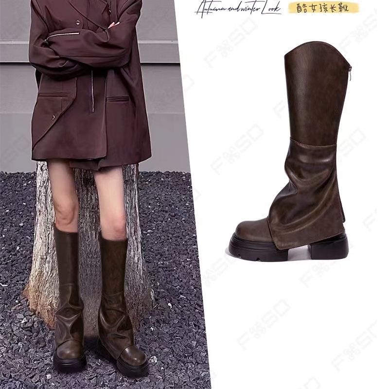

Leather thick-soled trouser tube boots niche trouser leg boots high boots children spring and autumn 2025 new V-mouth thick-soled knight 39 темно-коричневого