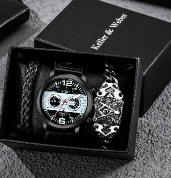 Men's 3-Piece Business Gift Set: Watch, Bracelet, and Necklace for Holidays or Birthdays