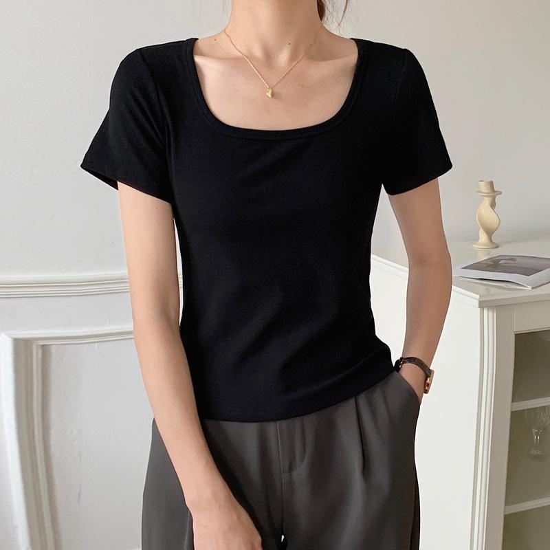 Women's Ribbed Square Neck Cotton T-Shirt: High-Elastic Short Sleeve, Stylish Slim Fit, Summer 2025 Collection