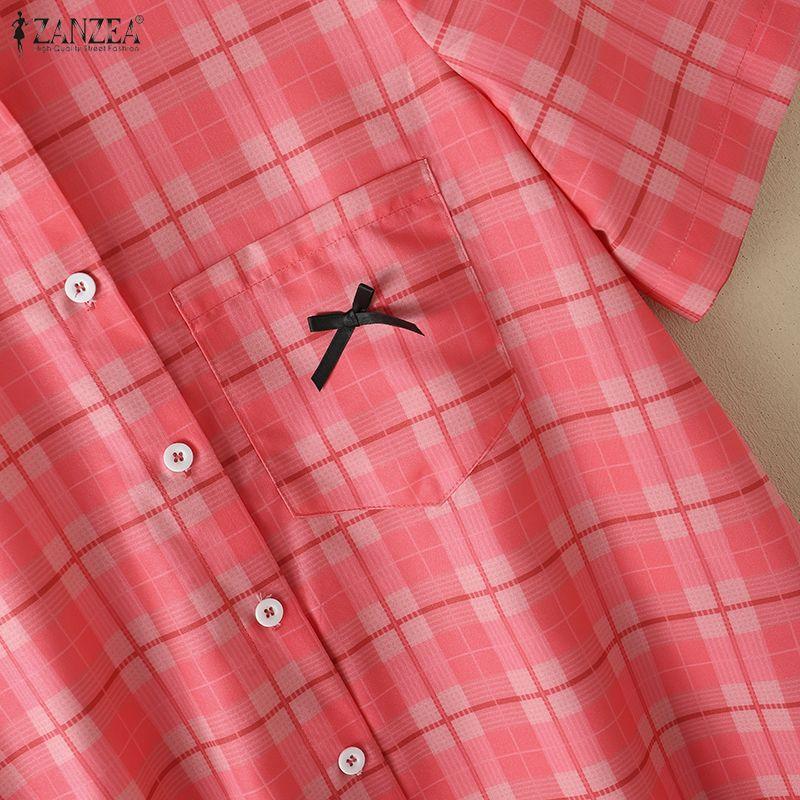 ZANZEA Women Grid Print Casual Turn Down Collar Short Sleeve Blouse