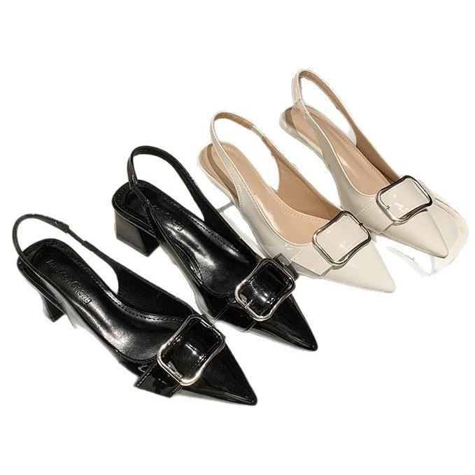 ZA New High-quality Fashion Low-heeled Pointed One-word Buckle Square Buckle Silver Metal Back Strap Sandals Women