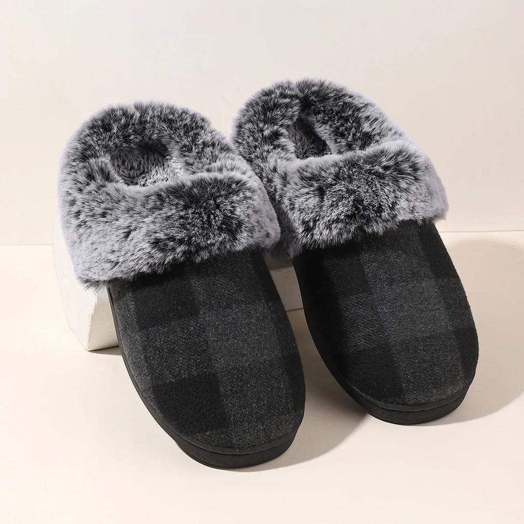 Women Cotton Slippers  New Plush Fluffy Slippers Indoor Home Floor Non-slip Warm Thick Soled Lattice Slippers Chanclas Mujer