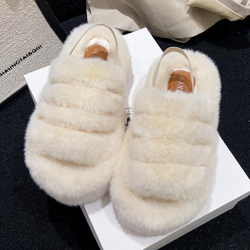 Thick Bottom Furry Slippers Women, Flat Bottom Home Plush Warm Slippers 35 бежевый