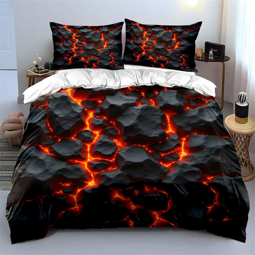3Pcs Lava Crack Print Bedding Set Volcano Magma Texture Duvet Cover + 2 Pillowcases Soft Polyester for Teens Bedroom Gifts