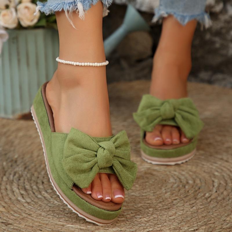 Women's Summer Wedge Thick-Soled Peep-Toe Bow Slide Sandals, Beach Casual Footwear, Available In Large Sizes.