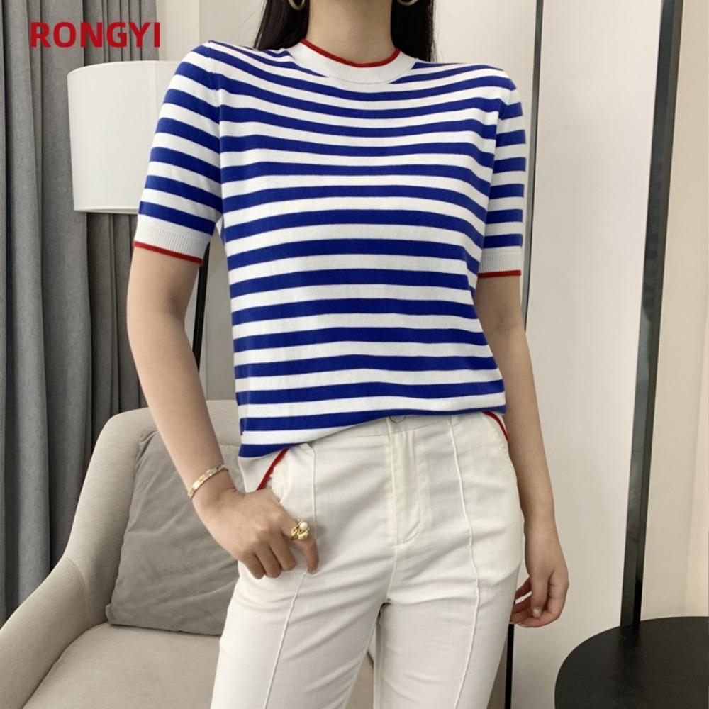 

Summer Women s O-neck Striped Short-sleeved T-shirt with Loose Pullover Casual Knitted Top High Quality M