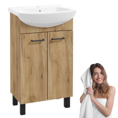 BATHROOM CABINET SAT D50 Standing with Washbasin, Golden Oak, Two Doors