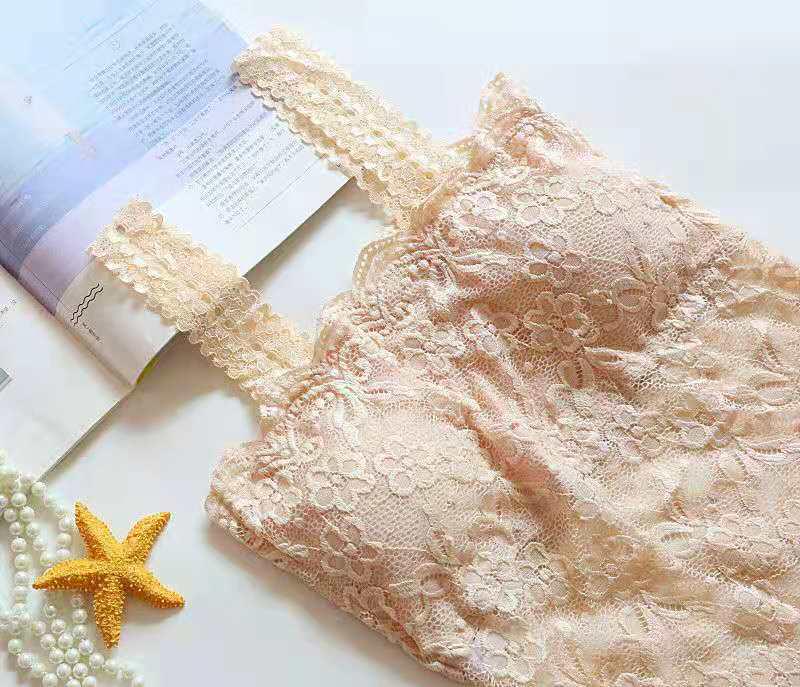 Lace Trim Underwear Camisole with Chest Pads - Women's Versatile Anti-Exposure Long Bra