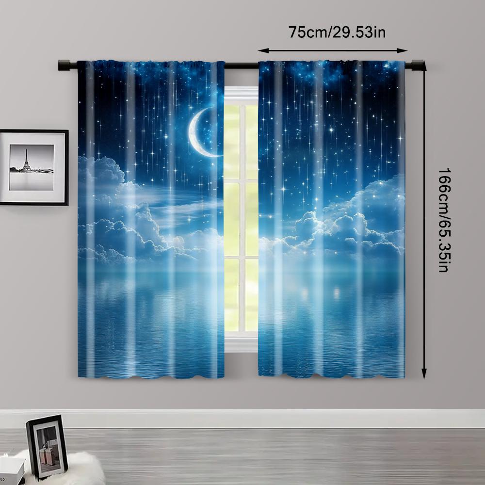 2pcs, Window Curtains Starry Night Sky Moon and Foggy Clouds Landscape Protecting Privacy Family Party Decoration Use for
