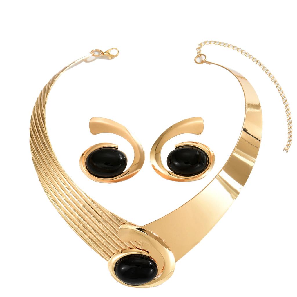 2025 New Style Women's Jewelry Geometric Inlaid Gemstone Design Exaggerated Necklace Versatile Earrings Women