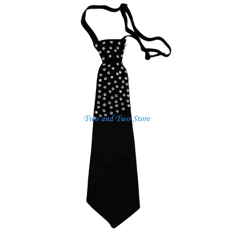 HX6F Women's School Uniform Tie Harajuku Rhinestones Vintage Pre Tied Black Necktie