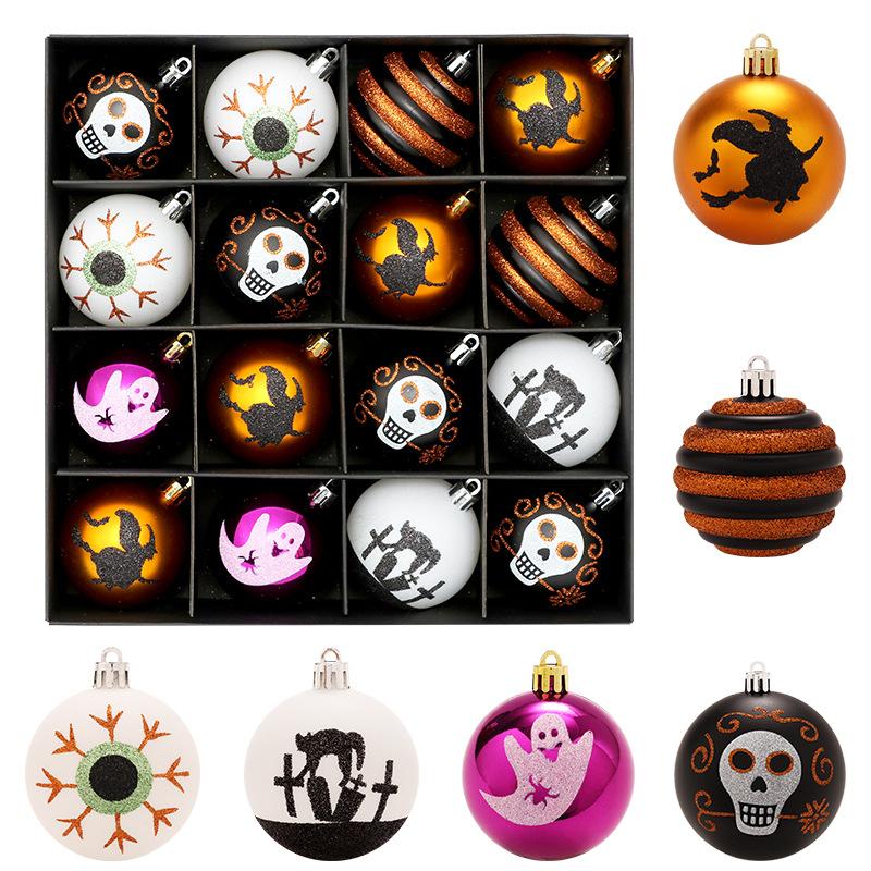 Halloween Decorations, 16 Pieces/set, Painted Ghosts, Skeletons, Plastic Balls, Holiday Ornaments, Ghost Party Pendants