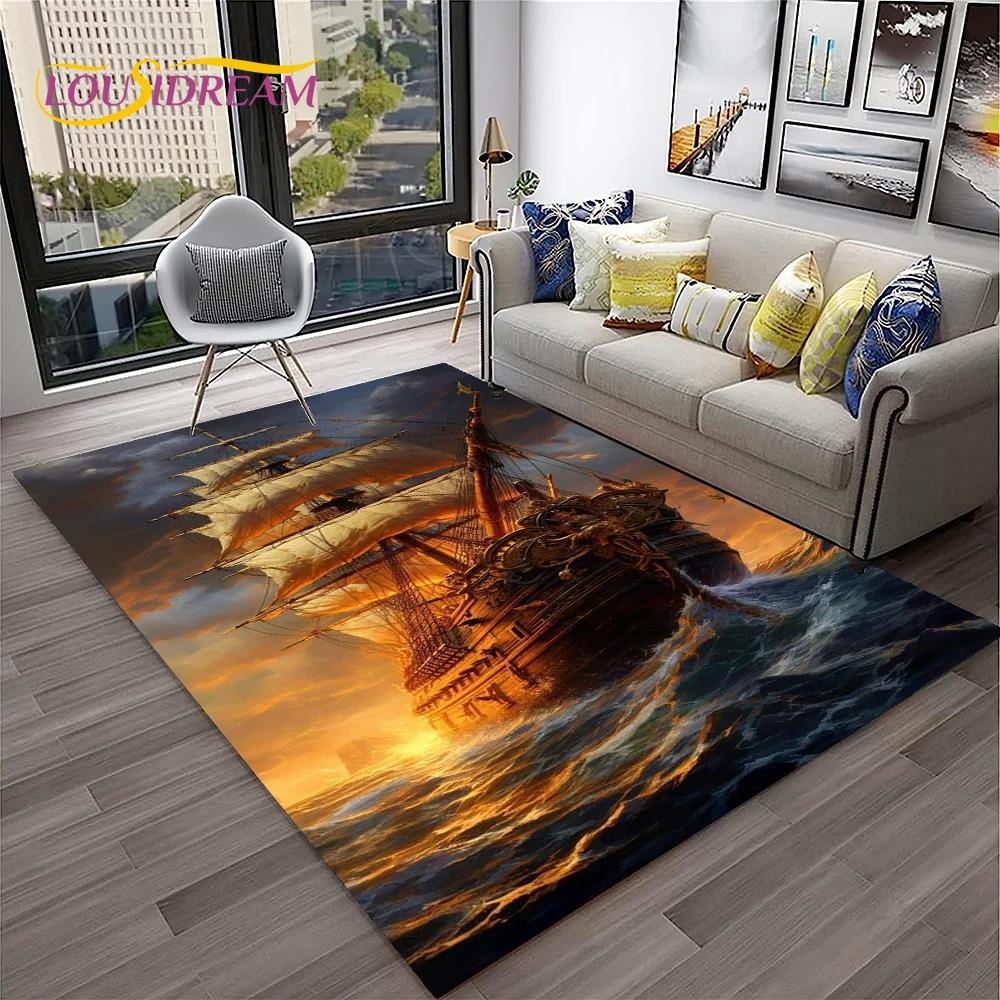 3D Piratenschiff Boot, Segelboot, Barke Teppich für Zuhause Wohnzimmer Schlafzimmer Sofa Fußmatte Dekor, Kinderbereich Teppich Rutschfeste Bodenmatte