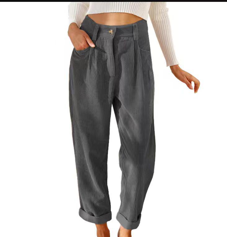 2024 Dámské ležérní manšestrové kalhoty s vysokým pasem - Jednobarevné, volný střih, rovná nohavice