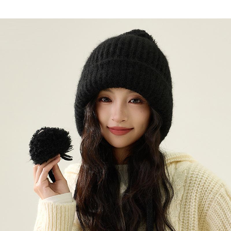 Autumn Winter Fur Ball Ear Protection Knitted Hat Cold-Proof Warm Big Head Wool Hat