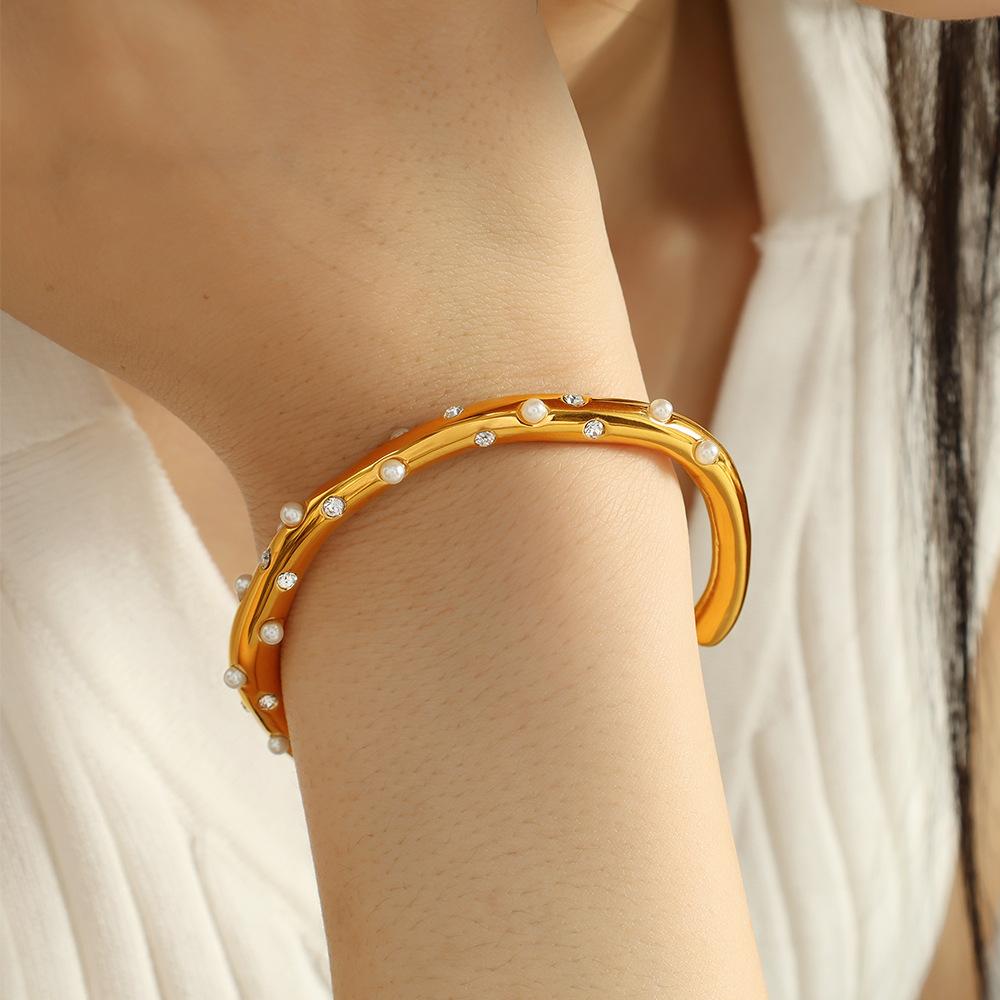 Bracelet Gold Stainless Steel Inlaid Imitation Pearl Irregular Opening Bracelet Light Luxury Versatile