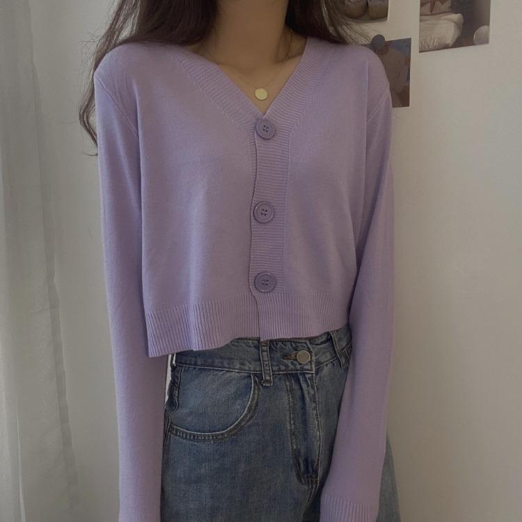 Women's Solid Color V-Neck Knitted Cardigan Long Sleeve Pullover Sweater Single Breasted Button Spring Fall Outerwear Tops Small Fresh One Size