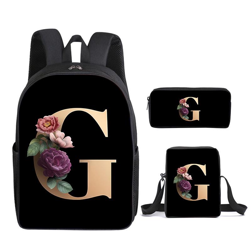Fashion Novelty Flower letters A-Z 3D Print 3pcs/Set pupil School Bags Laptop Daypack Backpack Inclined shoulder bag Pencil Case