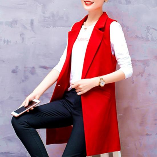 Women Long Suit Coat Sleeveless Mid Length Single Button Sleeveless Thin Pocket Cardigan Lapel Formal OL Commute Style Lady Jacket