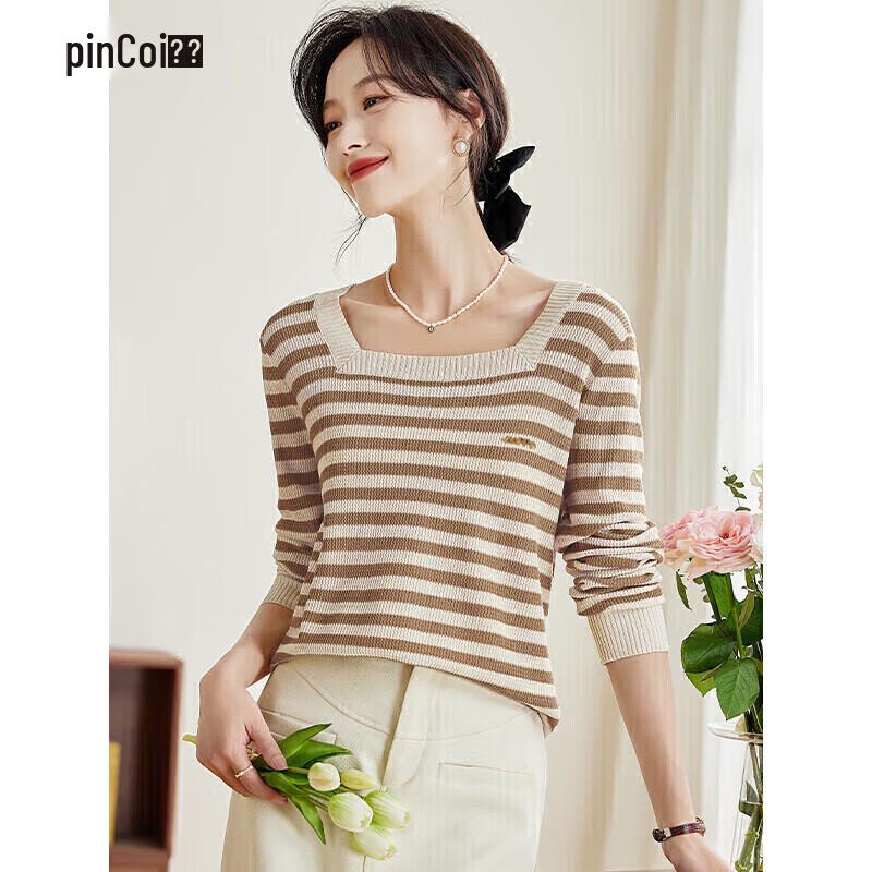 

PinCai Women s Striped Square Neck Long Sleeve Knitted Top L