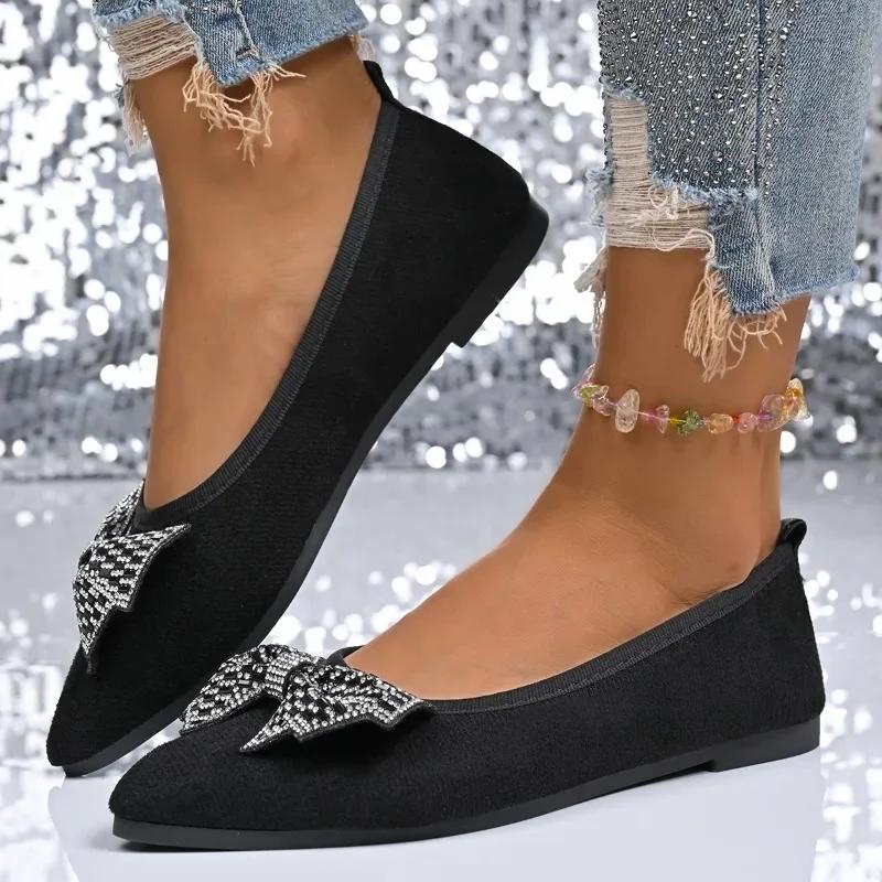 Fashion 2025 New Slip On Pointed Toe Women's Flat Shoes Outdoor Crystal Bow Tie Shallow Flats Plus Size Comfortable Casual Walking Shoes