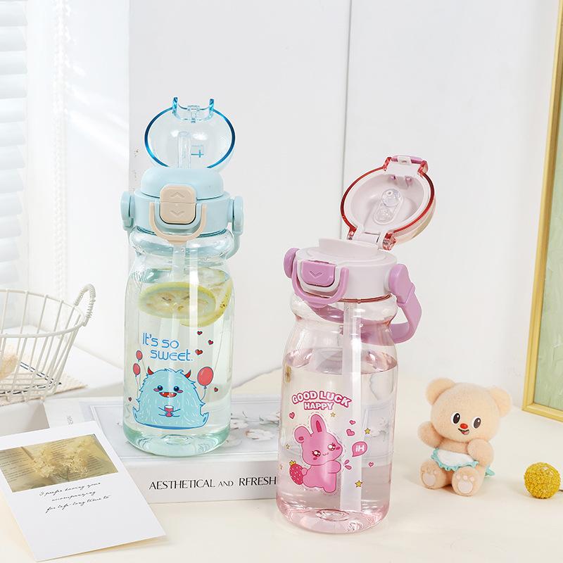 Water bottle cartoon children's plastic water cup cute straw cup student kettle portable outer belt drop resistant drinking water double drinking