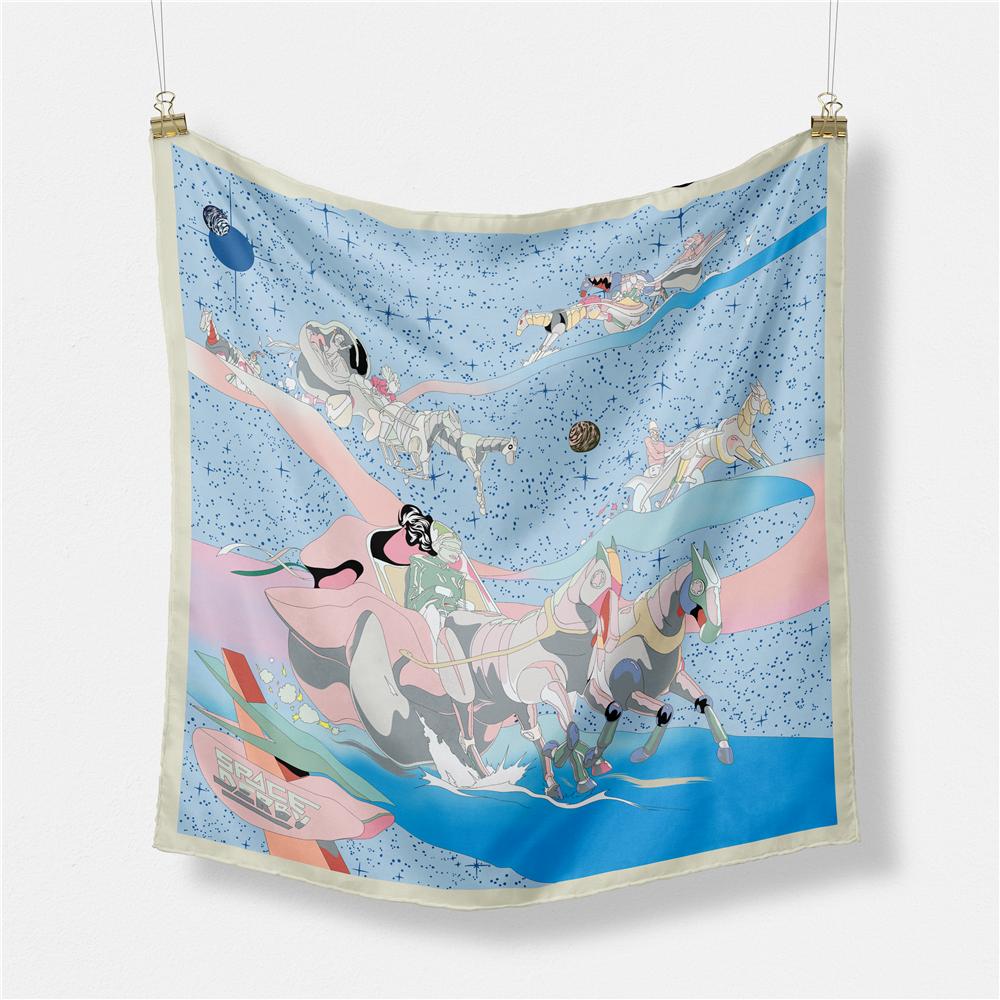 Twill Silk Scarf Woman Tassel Horse Print Square Scarves Wraps Bandana Small Hijab Silk Foulards Lady Tie Headband Neckerchief