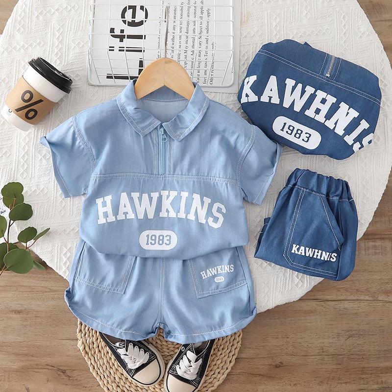 Children Cotton Clothes Summer Child Boy Cartoon Denim Solid Shirt Short 2Pcs/set Infant Kid Toddler Tracksuit 0-5 Years