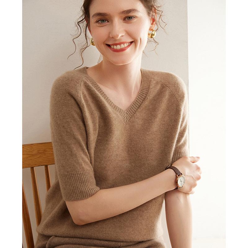 Women's Cashmere V-Neck Raglan Sweater - Short Sleeve, Solid Color, Autumn/Winter Thin Knit T-Shirt