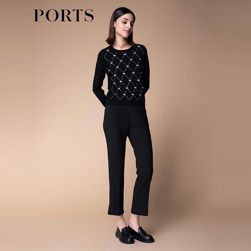 PORTS Women's 100% Wool Geometric Knit Round Neck Pullover