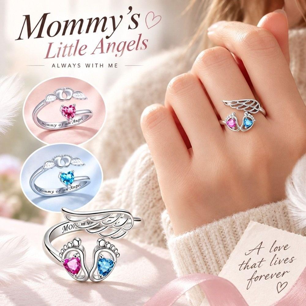 Rhinestone Embellished Angel Footprint Wing Ring Open Band Open Adjustable Ring Mother's Day Gift