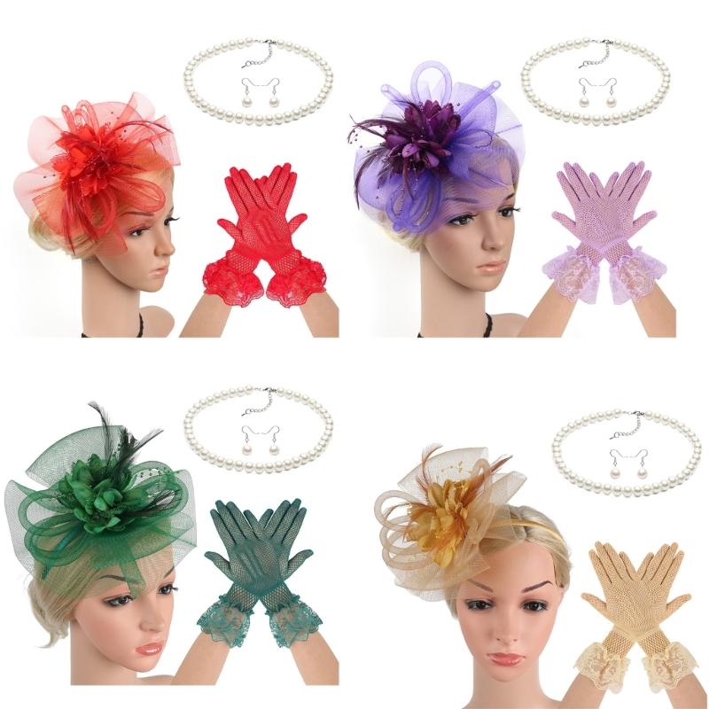 Lace Flower Fascinator Hat Hairband Necklace Gloves for Cocktails Event Dressingup Roleplay Flapper Costume Accessories