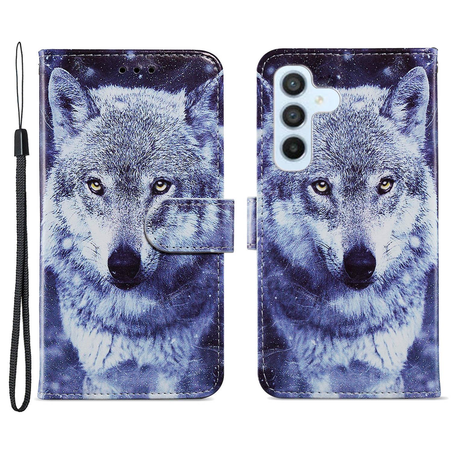

For Samsung Galaxy A34 5G Wallet Phone Case Pattern Printing PU Leather Stand Flip Cover with Strap Wolf