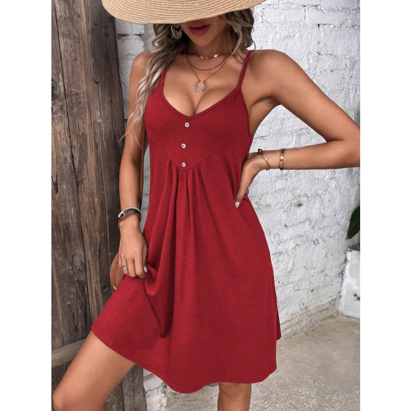 Elegant Casual V-neck Waist Slim Suspender Dress for Women Pure Color A-Line Halter Pleated Party Dress Casual Chic Women's Clothing