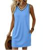 2026 European Retro V-Neck Sleeveless Contrast Piping T-Shirt Dress for Women