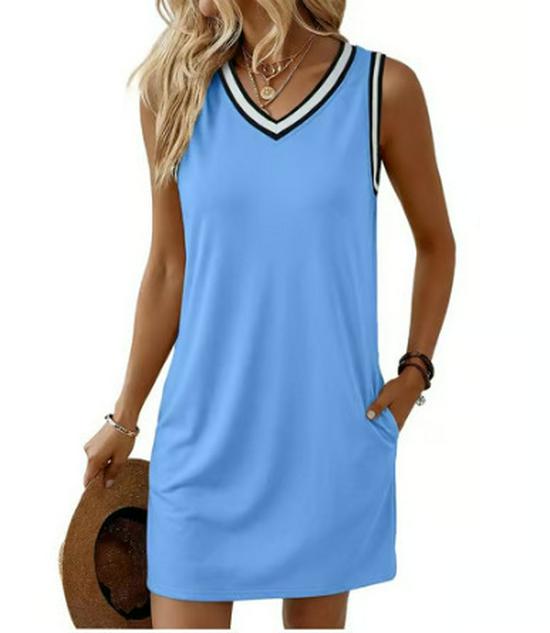 2026 European Retro V-Neck Sleeveless Contrast Piping T-Shirt Dress for Women