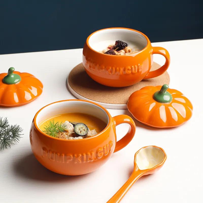 Cartoon Cute Ceramic Pumpkin Cup with Lid Breakfast Cup Dessert Soup Cup Oatmeal Cup Student Water Cup Mug
