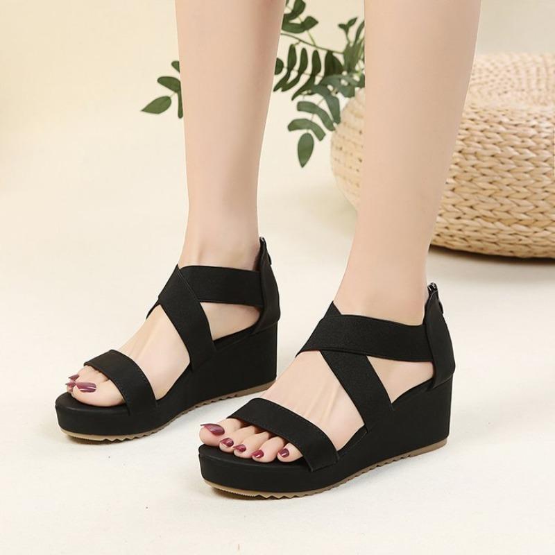 New Wedge Sandals for Women 2026 Summer Fashion Cross-strap One Word Roman Shoes Ladies Chunky Soled Back Zip Peep Toe Sandalias