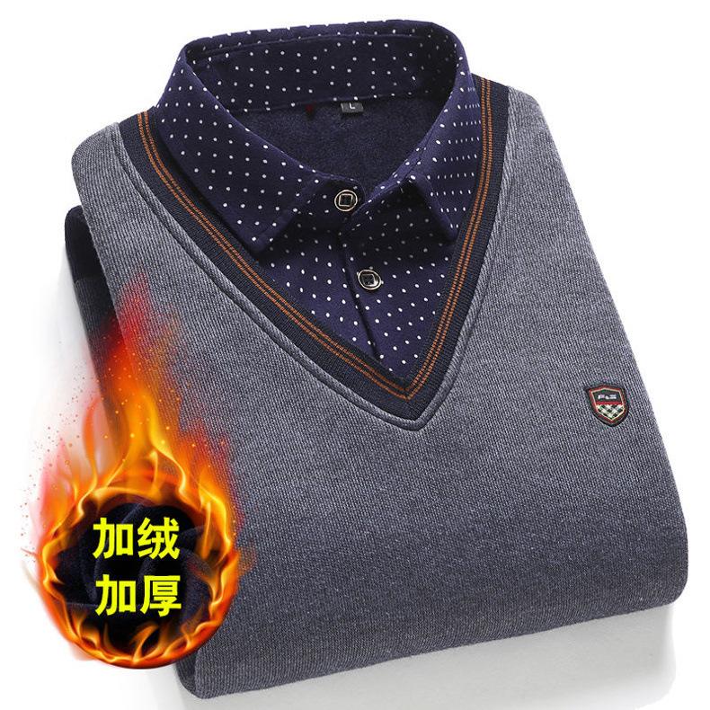 Gentle Basic Great Close-fitting Business Warm Top Men Fake Two-piece  Shirt Winter Fleece-lined Blouse Checkered Shirt