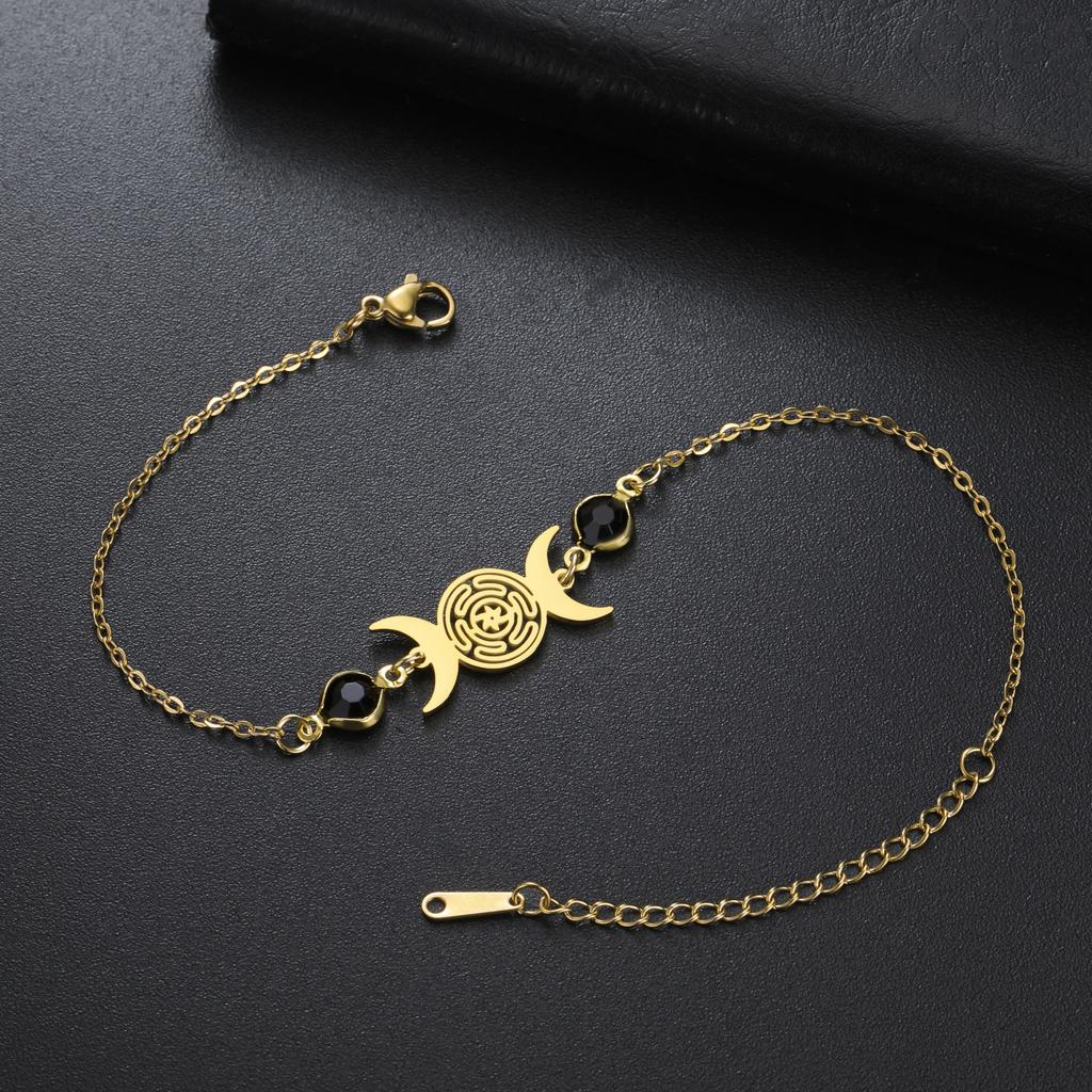 Triple Moon Goddess Bracelet Adjustable Black Rope Wiccan Pagan Jewelry Gift for Women Hecate Wheel