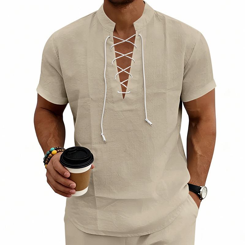 Summer Men s Retro Trend Drawstring Design Henry V-neck Beach Linen Short Sleeved Shirt S