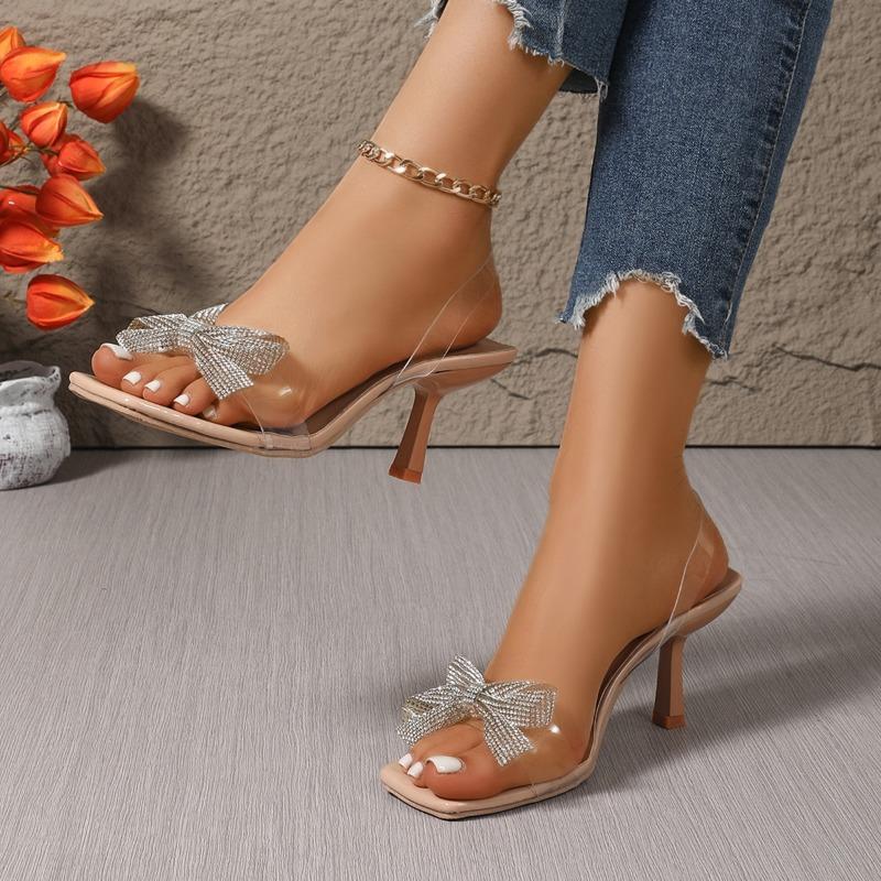 Women's Sandals Summer New Style Fashion Luxury Rhinestone Bow Designer Square Toe Open Toe Women's High Heels Large Size 35-43