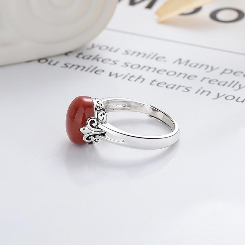 Adjustable Open Ring Women Men With Double Oval Red Agate Gemstone Vintage Chinese Style Statement Jewelry