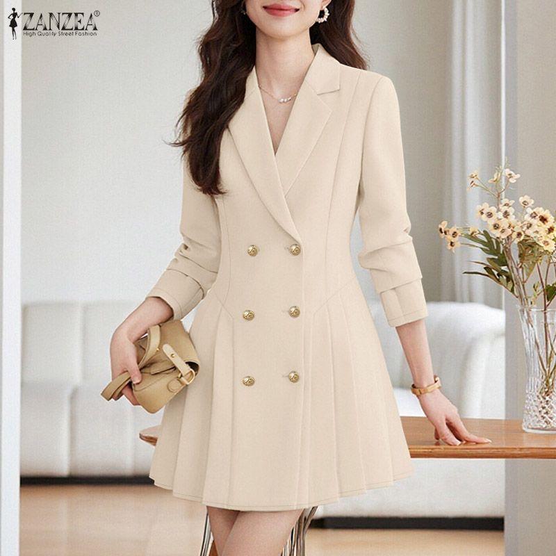 ZANZEA Rochie Elegantă Casual pentru Femei cu Guler Reversibil și Mânecă Lungă