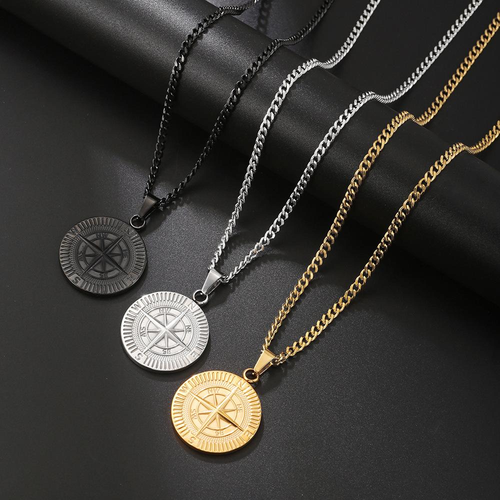 Compass Coin Compass hängsmycke Halsband i rostfritt stål Punk mäns icke-blekande hiphop-halsband