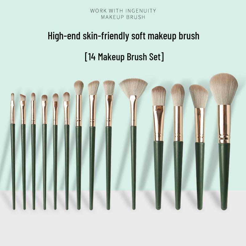 14-Piece Green Makeup Brush Set with Soft Bristles – Includes Powder, Foundation, and Blush Brushes.