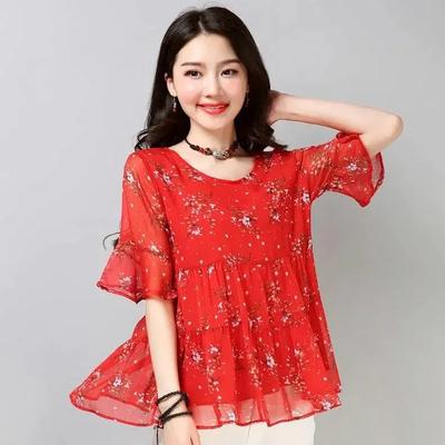 Blusa Floreale Larga da Donna a Girocollo Taglie Forti T-shirt Estiva a Maniche Corte Temperamentale