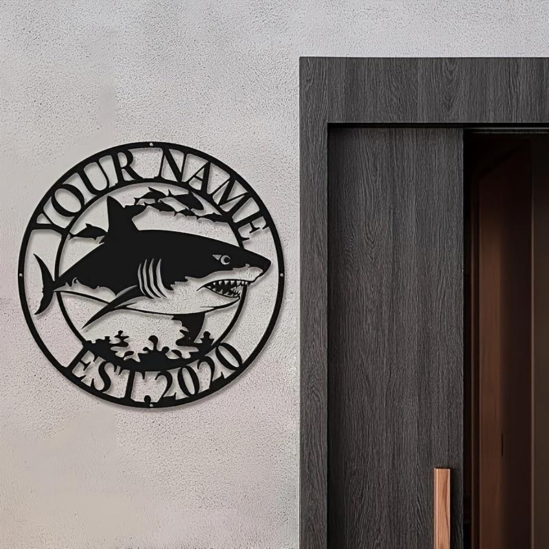 Shark Metal Wall Art Custom Name Sign Black Circle Home Decor Marine Design