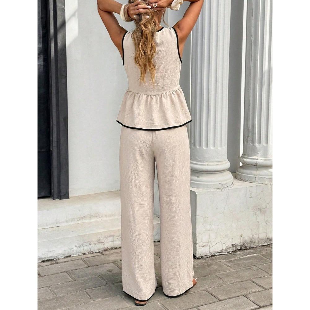 Ensemble 2 pièces élégant : Haut rayé sans manches à encolure en V et Pantalon large taille haute, Tenue décontractée d'été pour les vacances