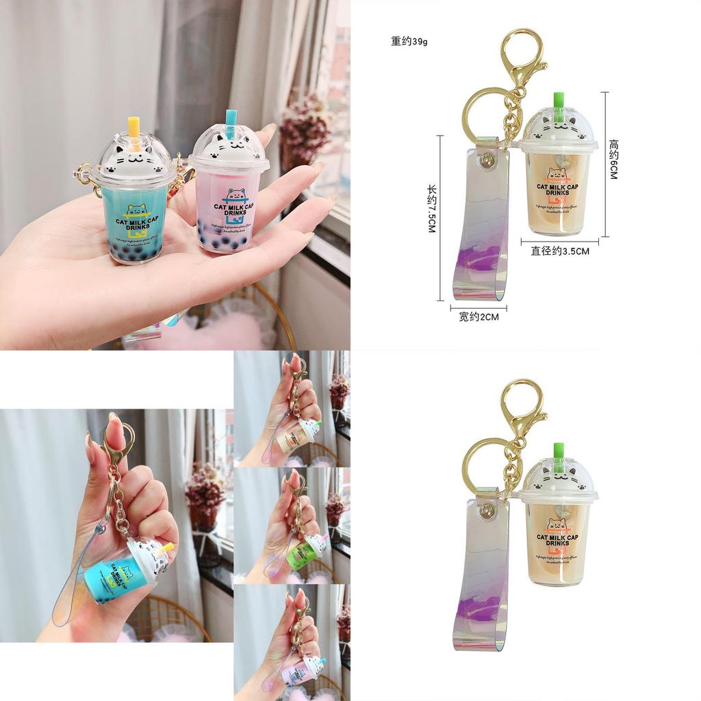 Adorable Cartoon Cat Milk Tea Keychain Cute Acrylic Keyring For Couples And Friends